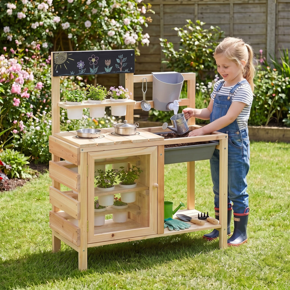 Mud kitchen playset with sink, plant observation room, and stainless steel kitchenware for outdoor fun and creativity.