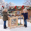 Mud kitchen playset with sink, plants observation room, and stainless steel kitchenware for outdoor fun and gardening.