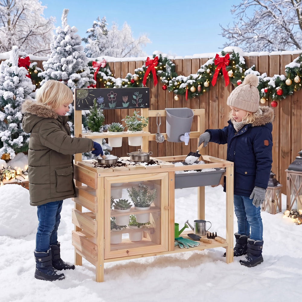 Mud kitchen playset with sink, plants observation room, and stainless steel kitchenware for outdoor fun and gardening.