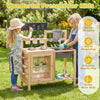 Mud kitchen playset with sink, plant cups, and stainless steel kitchenware for outdoor creative play and sensory.