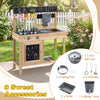 Mud kitchen playset for kids featuring two removable sinks, stoves, and a water box for outdoor imaginative cooking.