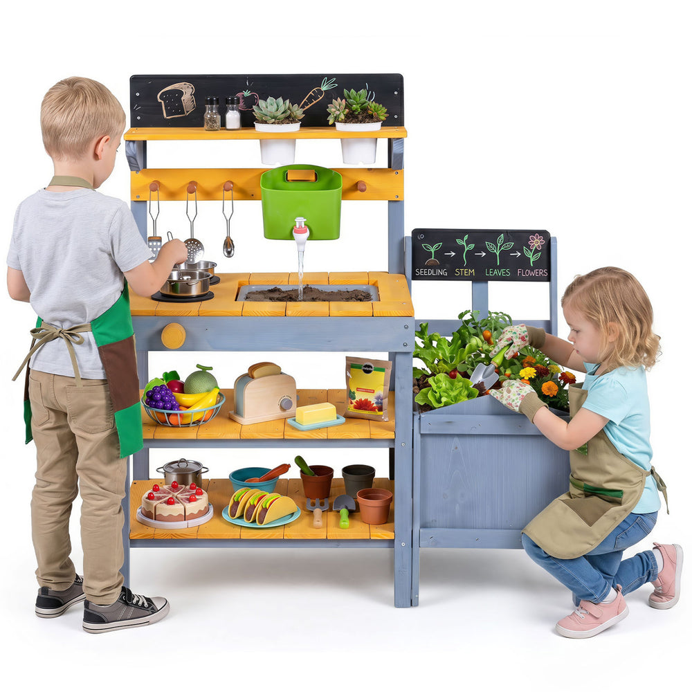 Kids play with the yellow Mud Kitchen Set featuring a dual-burner stove, removable sink, and plant pots for imaginative fun.