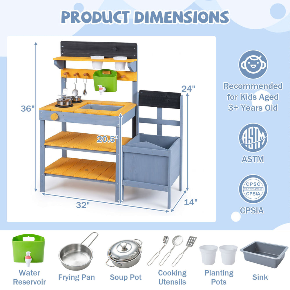 Mud kitchen set for kids featuring a dual-burner stove, removable sink, and plant pots for imaginative outdoor play.
