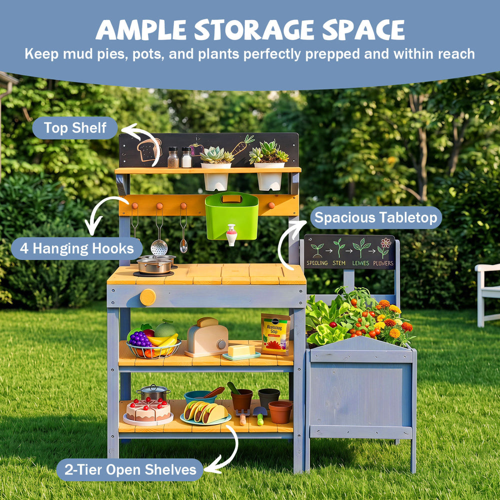 Mud kitchen set for kids featuring a spacious tabletop, dual-burner stove, and ample storage for imaginative outdoor play.