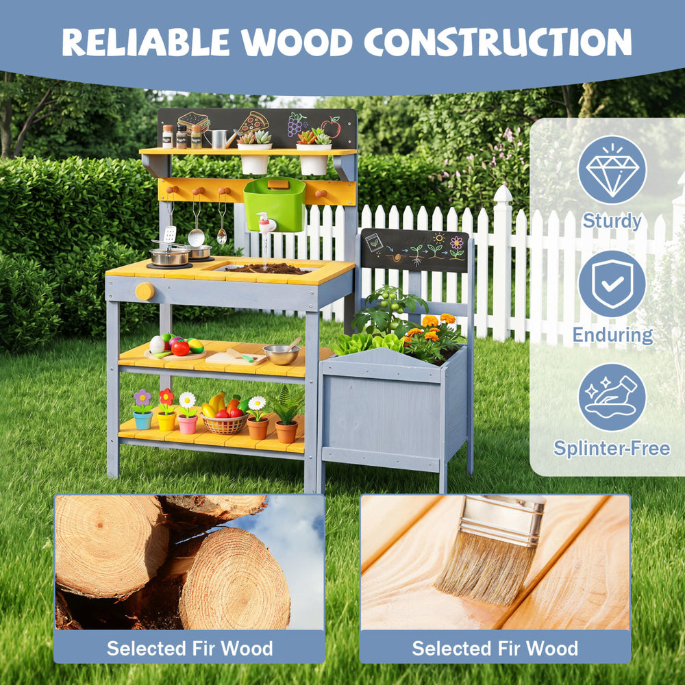 Mud kitchen set for kids features selected fir wood, dual-burner stove, and removable sink for imaginative outdoor play.