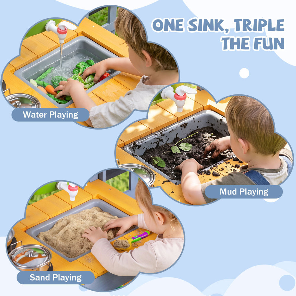 Mud Kitchen Set for kids features a removable sink for water, mud, or sand play, encouraging imaginative outdoor fun.