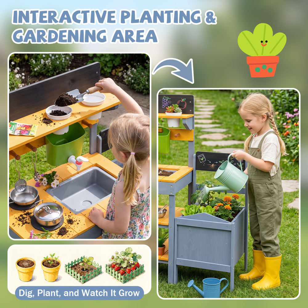 Mud kitchen set for kids featuring a dual-burner stove, removable sink, and planting pots for imaginative outdoor play.
