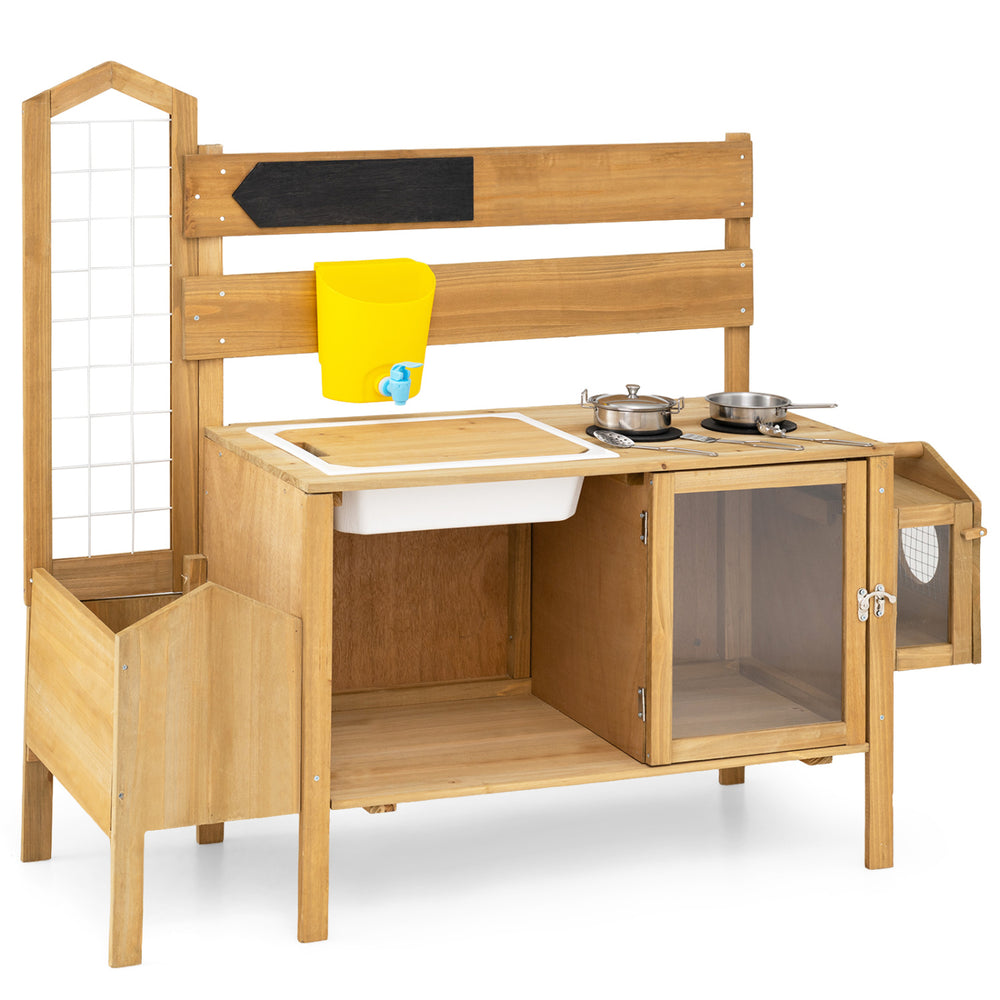 Mud kitchen for kids featuring two stoves, sink, detachable bird cage, and planter box for imaginative outdoor play.