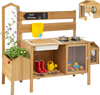 Mud kitchen for kids featuring two stoves, a detachable bird cage, planter box, and a water faucet for creative play.
