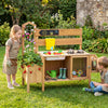 Natural wood mud kitchen for kids featuring stoves, planter box, sink, and detachable bird cage for imaginative play.