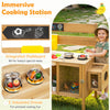 Kids' mud kitchen with detachable bird cage, two simulated stoves, and integrated chalkboard for imaginative play.