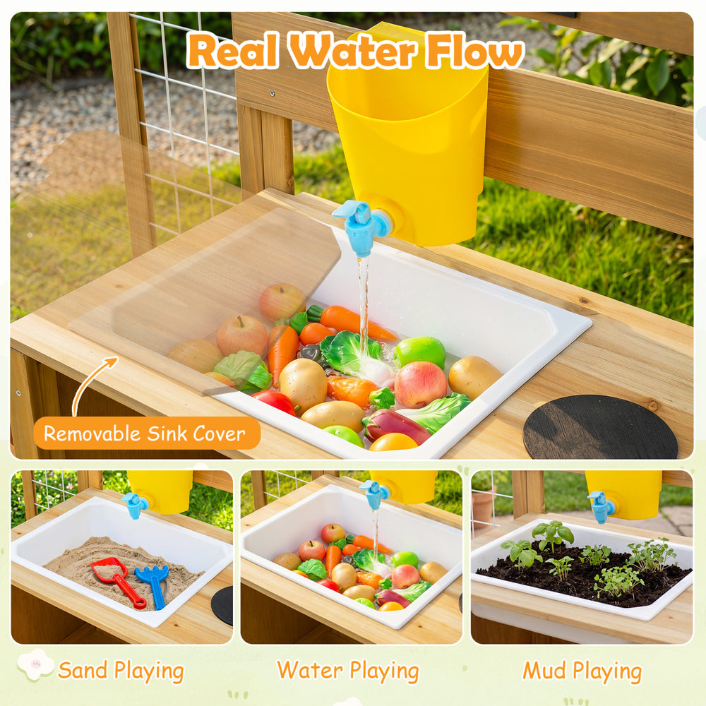 Mud kitchen for kids featuring a water faucet, sink, and simulated stoves for creative outdoor play and exploration.