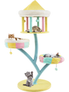 Multi-layer cat tree with colorful perches and scratching posts, perfect for resting and playful observation.