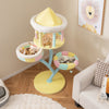 Multi-layer cat tree with two removable perches, scratching posts, and interactive dangling balls for playful cats.
