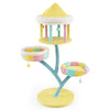 Multi-layer cat tree with colorful removable perches, scratching posts, and interactive dangling balls for playful cats.
