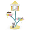 Multi-layer cat tree with colorful removable perches, scratching posts, and interactive balls for playful cats.