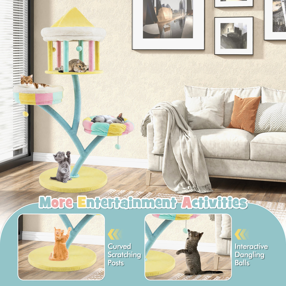 Multi-layer cat tree with two removable perches, curved scratching posts, and interactive dangling balls for playful.