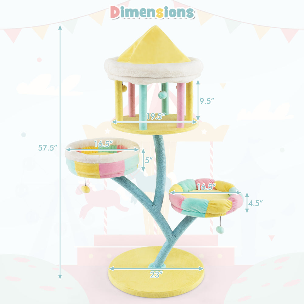 Multi-layer cat tree with colorful removable perches, scratching posts, and interactive balls for playful cat.