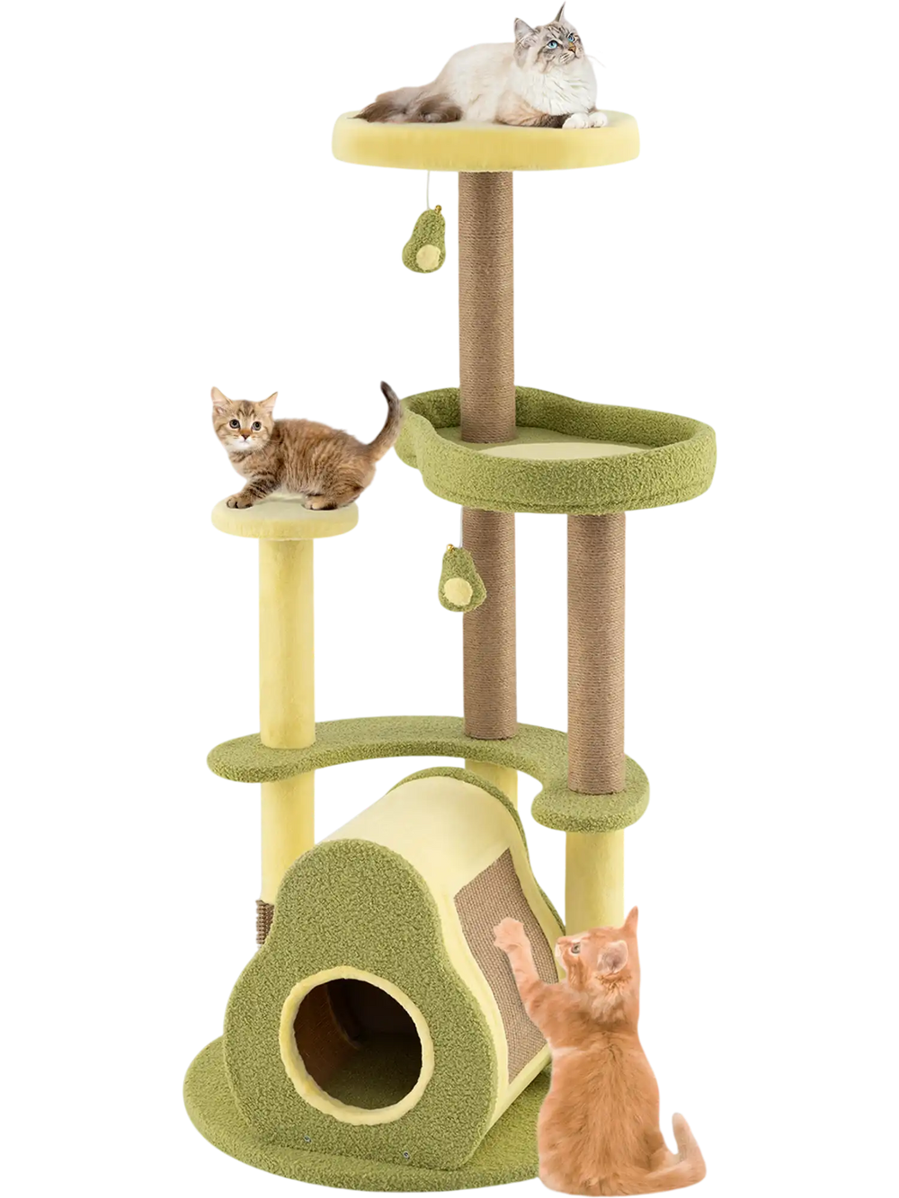 Multi-level avocado cat tower with cozy condo, soft fabric, and scratching posts, perfect for climbing and resting.