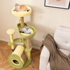 Multi-level avocado cat tower in green with cozy condo, soft fabric, and scratching posts for playful cats.
