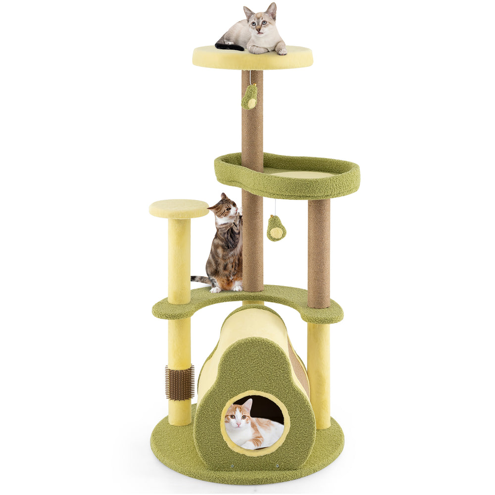 Multi-level avocado cat tower with cozy condo, scratching posts, and spacious perch for climbing and resting.