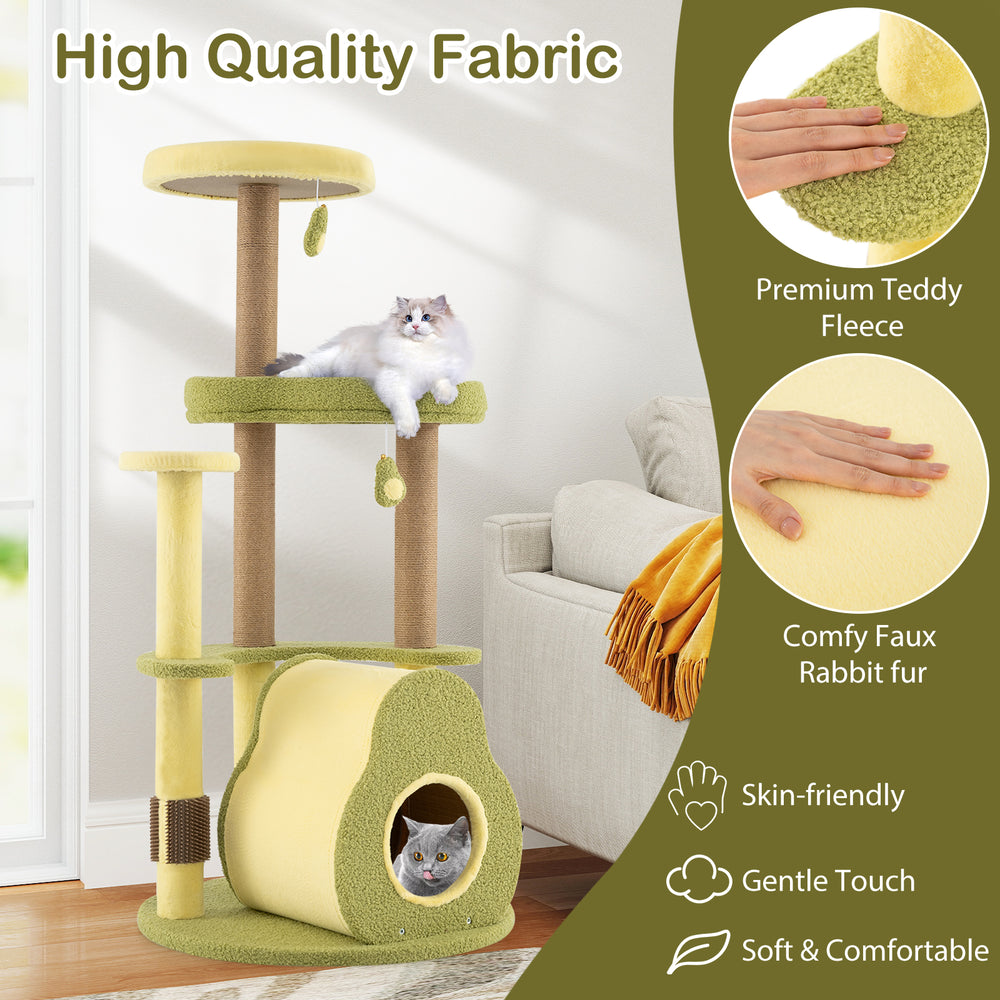 Freestanding multi-level avocado cat tower with cozy condo, soft fabric, and scratching posts for playful cats.