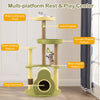 Multi-level avocado cat tower in green with cozy condo, spacious perch, and fun pompoms for playful cats.