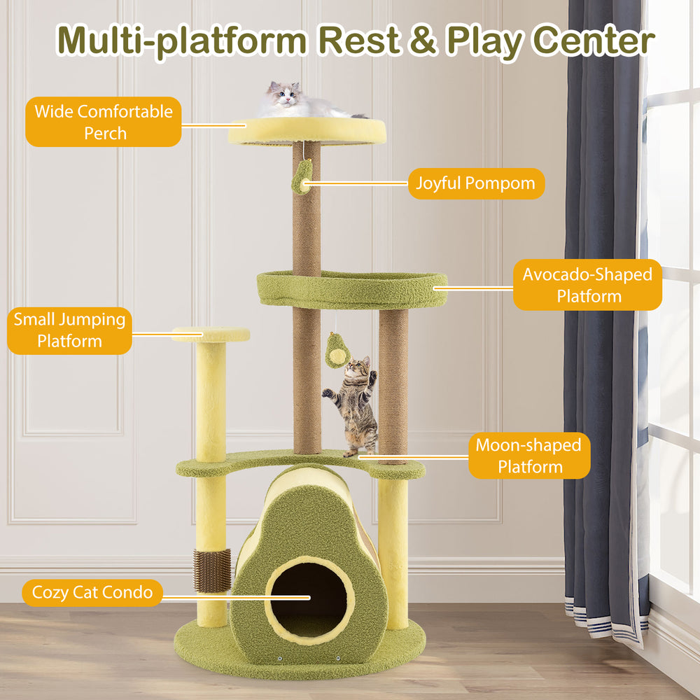 Multi-level avocado cat tower in green with cozy condo, spacious perch, and fun pompoms for playful cats.