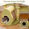 Avocado-shaped cat condo with padded entrance, scratching posts, and cozy perch for climbing and resting.