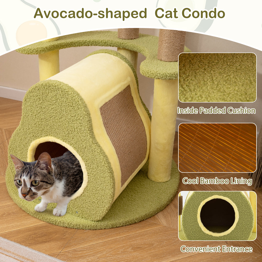 Avocado-shaped cat condo with padded entrance, scratching posts, and cozy perch for climbing and resting.