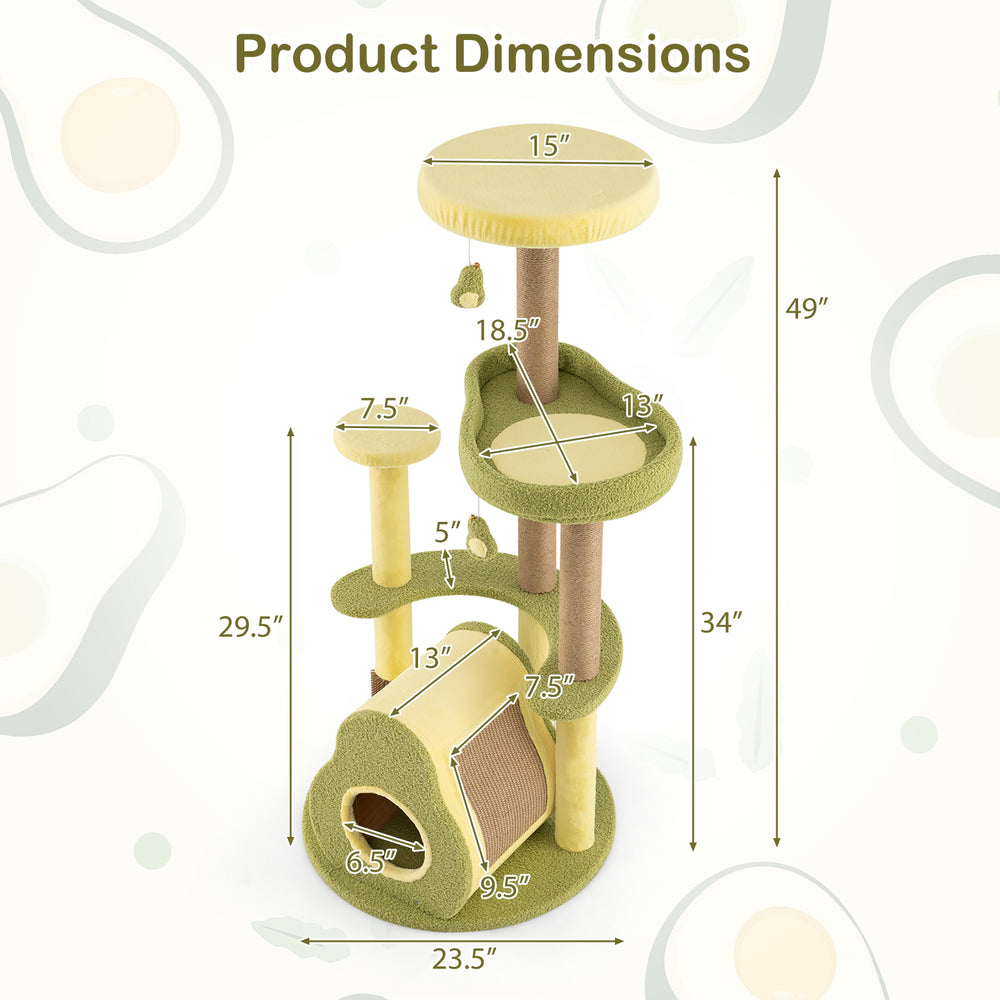 Freestanding multi-level avocado cat tower dimensions, featuring a cozy condo, scratching posts, and spacious perches.