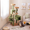 Multi-level green cactus cat tree featuring plush perches, cozy condos, and scratching posts for feline fun and comfort.