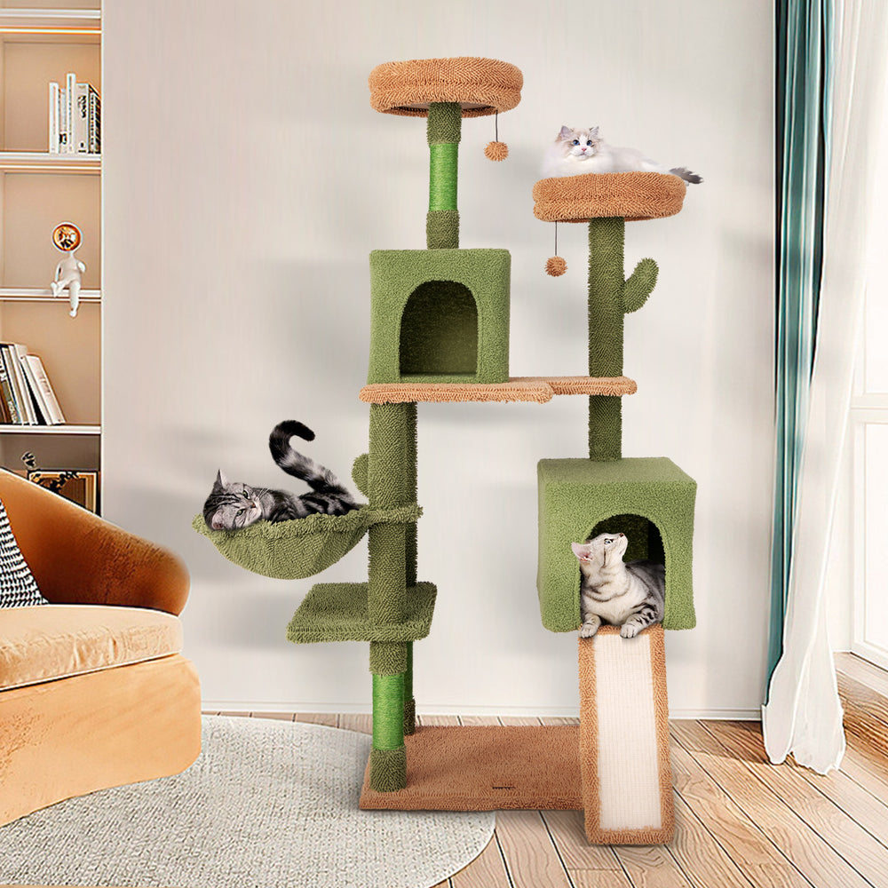 Multi-level cactus cat tree in green featuring plush perches, cozy condos, and scratching posts for playful cats.