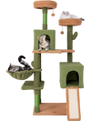 Multi-level cactus cat tree in green with plush perches, condos, and scratching posts for feline fun and relaxation.