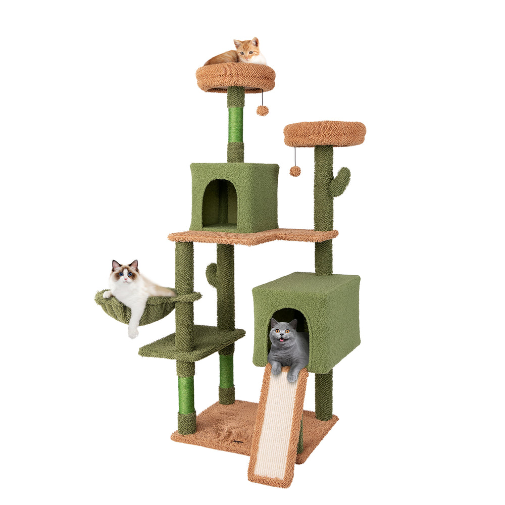 Multi-level cactus cat tree in green featuring two condos, scratching posts, and plush perches for playful cats.