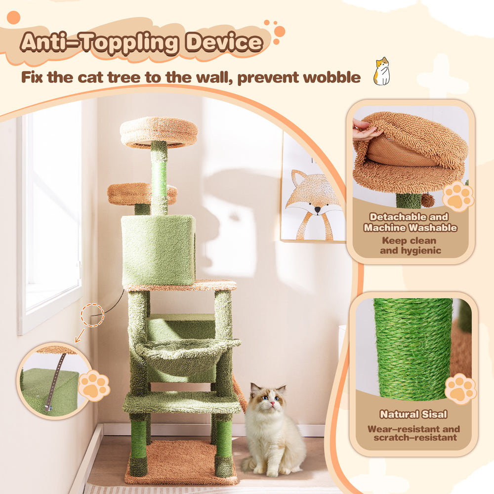 Multi-level cactus cat tree in green with plush perches, cozy condos, and natural sisal scratching posts for feline fun.