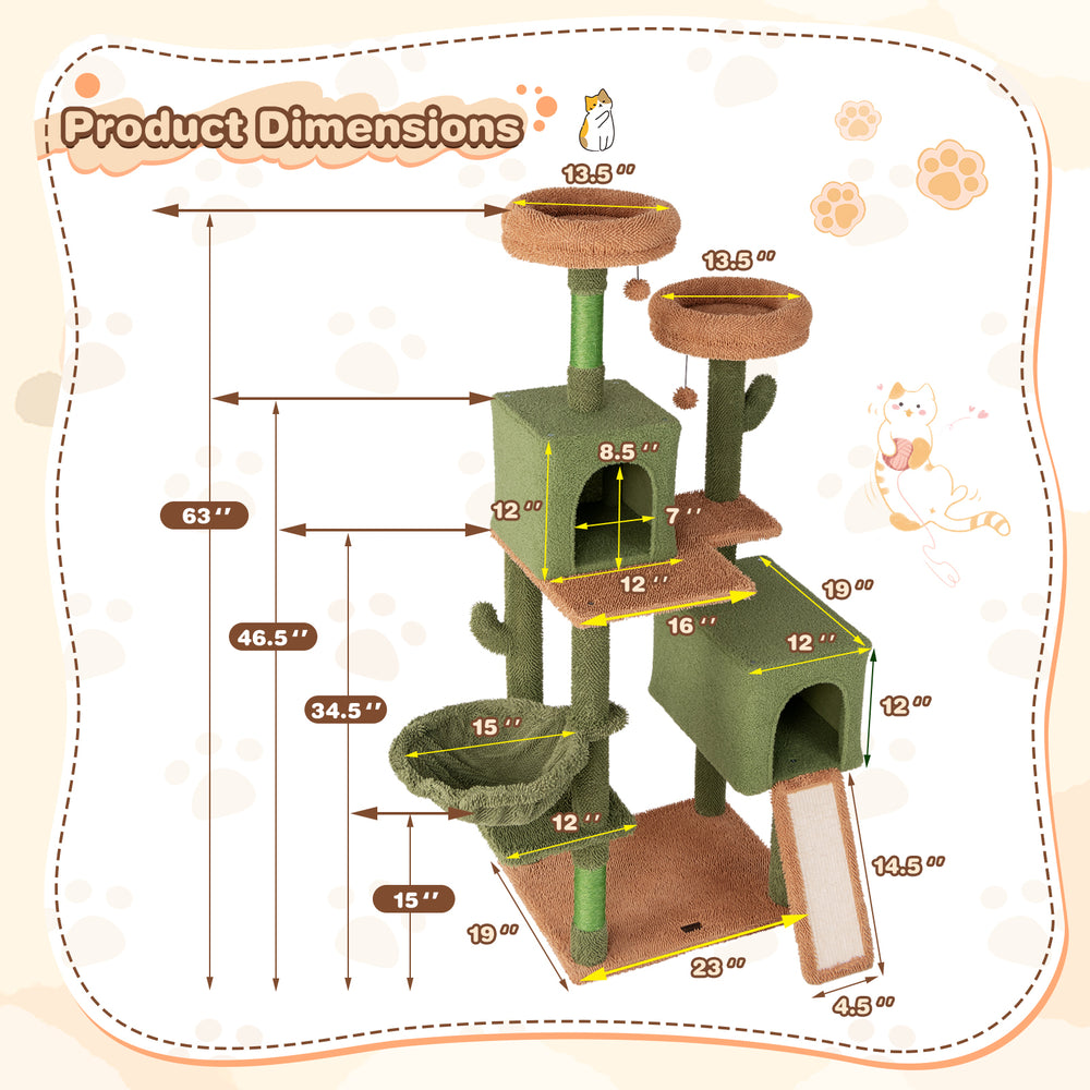 Dimensions of the Multi-level Cactus Cat Tree with scratching posts, condos, and plush perches in green color.