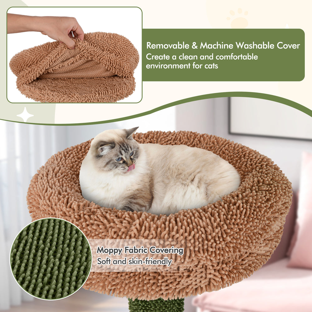 Cozy green plush perch bed with removable cover for cats, featuring soft moppy fabric for comfort and easy cleaning.