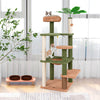 Multilevel cat tree in green with scratching posts, cozy perch, and faux plant, perfect for active and playful cats.