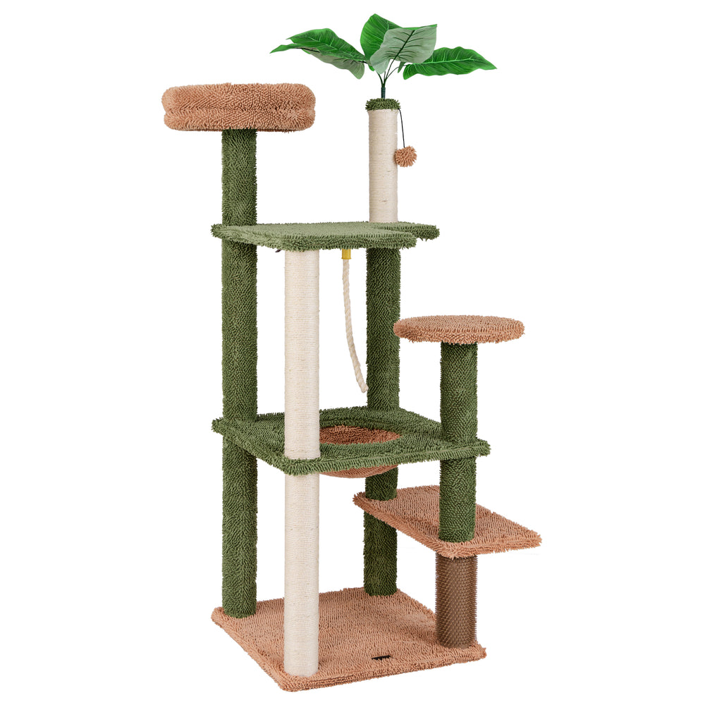 Multilevel cat tree in green with scratching posts, cozy perch, and faux plant for active feline play and relaxation.