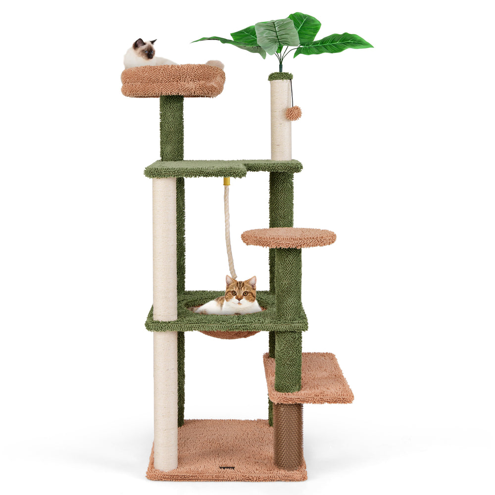 Multilevel cat tree with scratching posts, plush beds, and faux plant, perfect for active and cozy cat lounging.