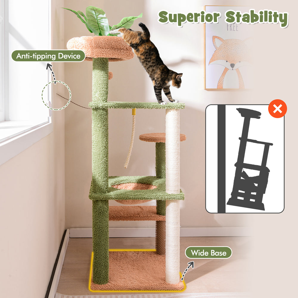 Multilevel cat tree in green with scratching posts, cozy perch, and anti-tipping device for secure play and relaxation.