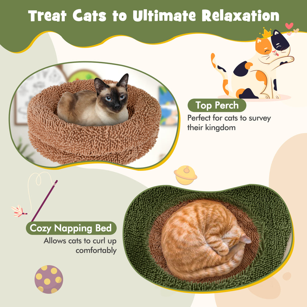 Multilevel cat tree featuring a cozy napping bed and top perch, perfect for surveying and relaxing in vibrant green.
