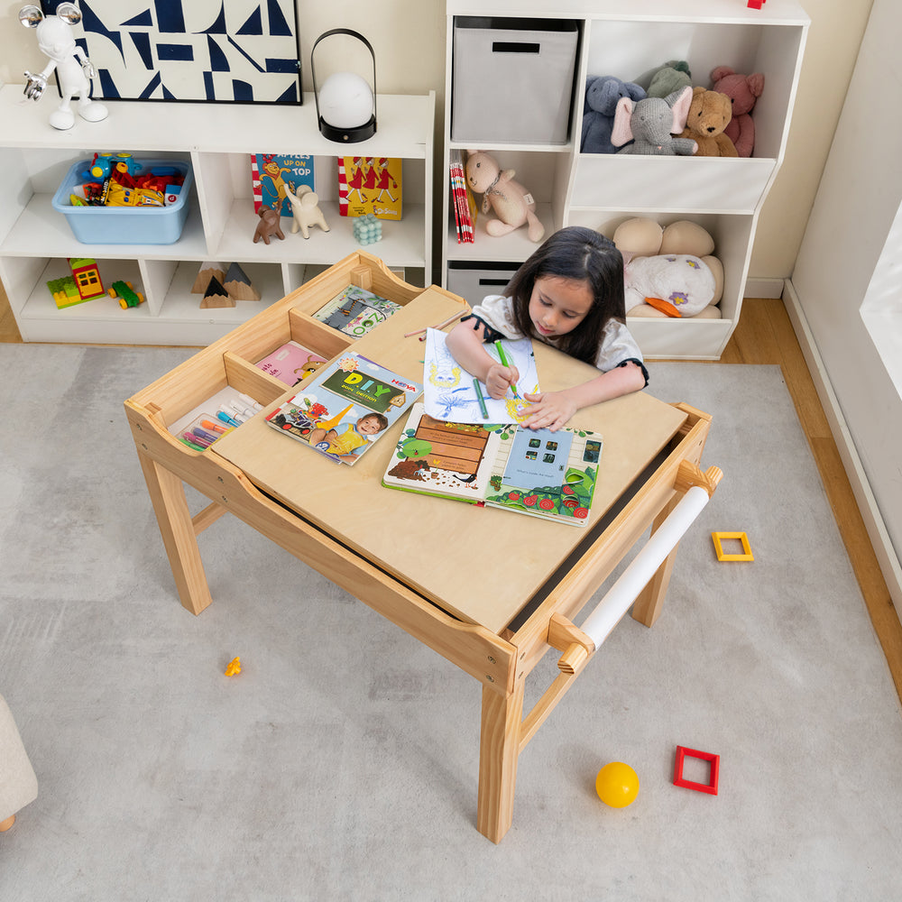 Kids multi-activity play table with storage, featuring a large double-sided desktop and removable tabletops for.