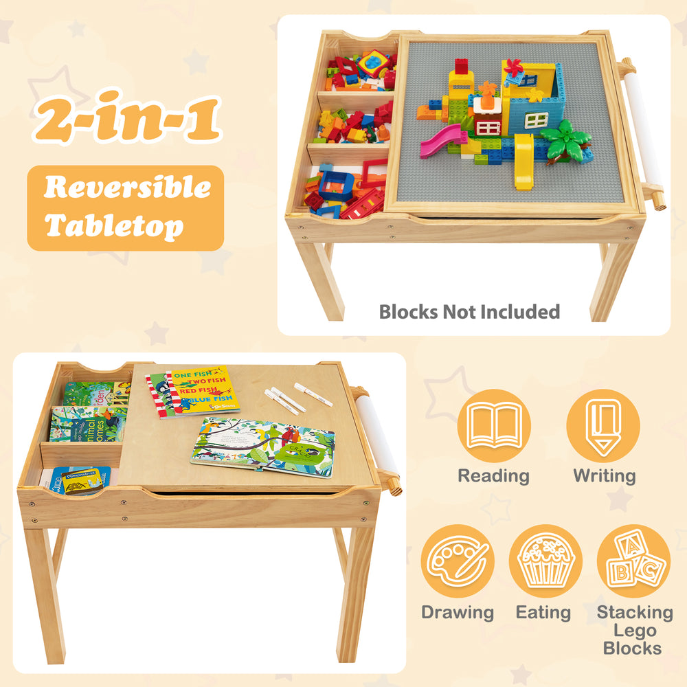 Kids multi-activity play table with reversible tabletop, storage, and smooth edges for safe drawing and building block.
