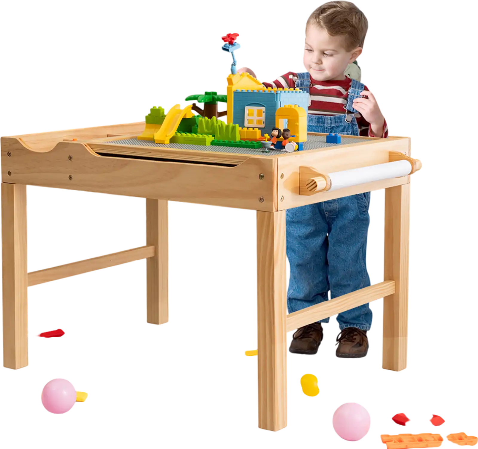 Costway Kids Multi-Activity Wooden Play Table w/ Storage Paper Roll Natural 68291453 New