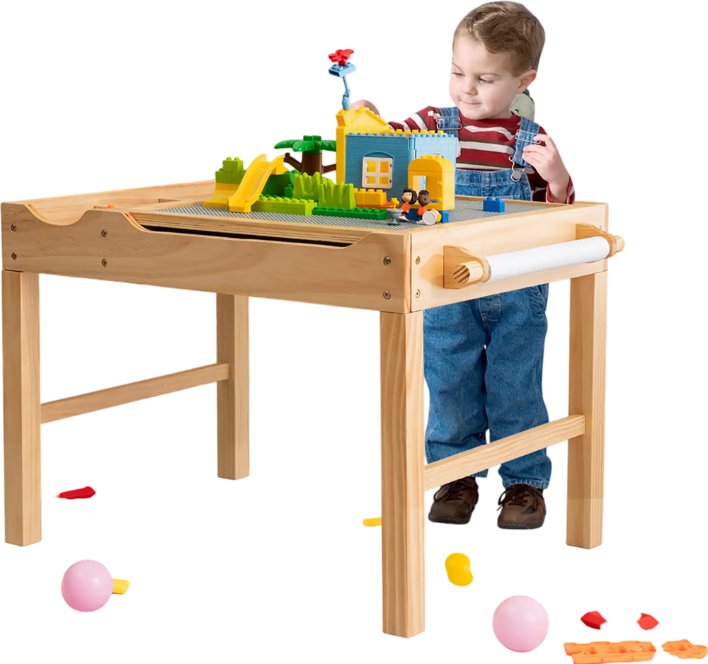Kids multi-activity play table with wooden building block desk, featuring storage and reversible tabletops for.