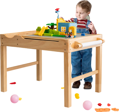 Costway Kids Multi-Activity Wooden Play Table w/ Storage Paper Roll Natural 68291453 New
