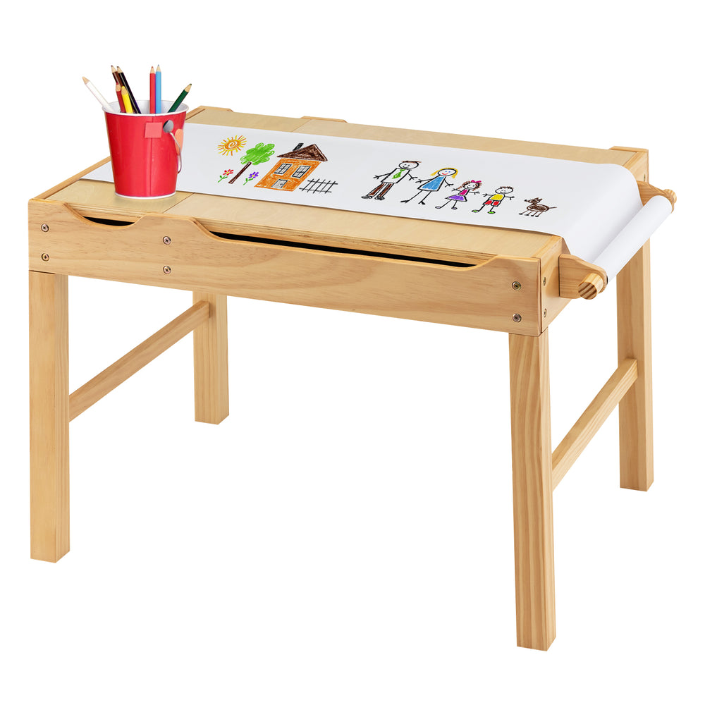 Kids multi-activity play table with storage, natural wood finish, featuring a paper roll for drawing and building.