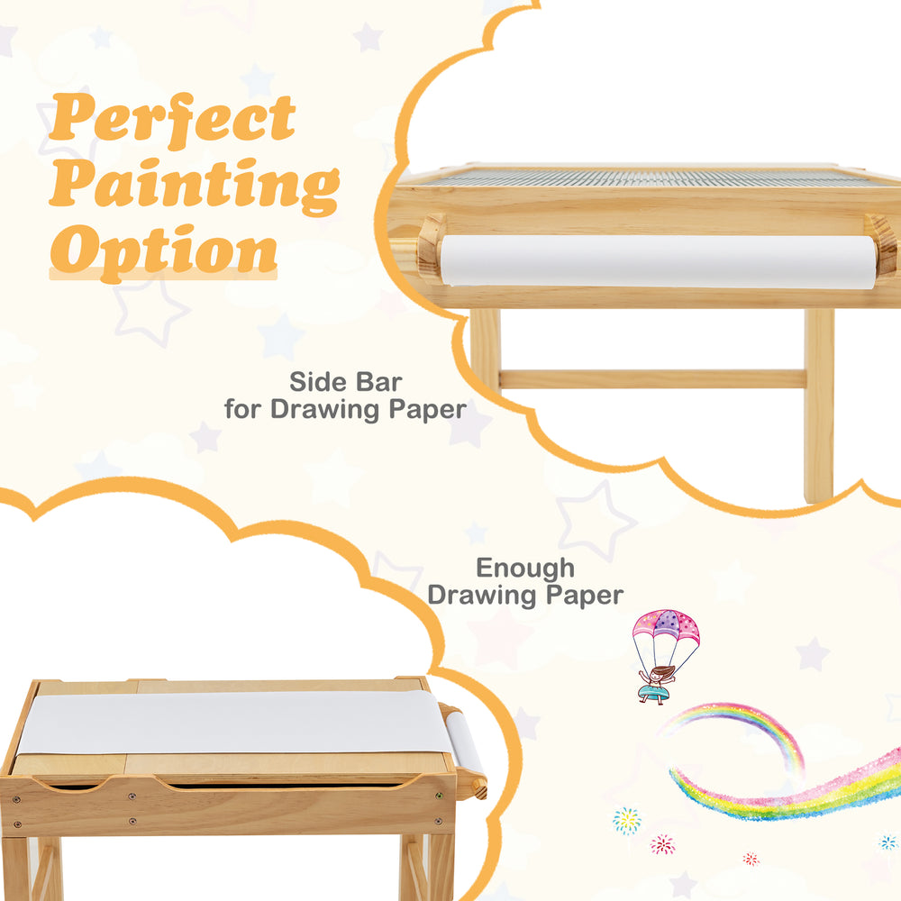 Kids multi-activity play table with storage, featuring a paper roll and reversible tabletops for creative activities.